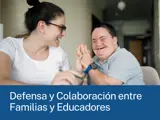 A woman and man share a joyful moment, smiling and raising their hands together. A blue banner reads “Defensa y Colaboración entre Familias y Educadores”.