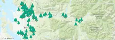 Map of Natural Resource Stewardship Program projects in Skagit County, with tree symbols marking each project on the map.