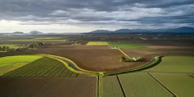 A waterway winding through a patchwork of Skagit County Farmland, some of which is protected by Skagit County Farmland Legacy Program.