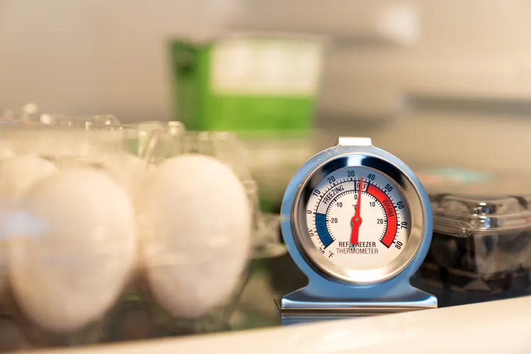 A refrigerator thermometer on a shelf next to a carton of eggs.
