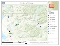 Map of Skagit County showing locations of 11 priority fish passage locations.