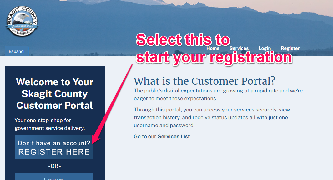 Skagit County Services Pointing to the registration link