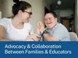 A woman and man share a joyful moment, smiling and raising their hands together. A blue banner reads “Advocacy & Collaboration Between Families & Educators”.