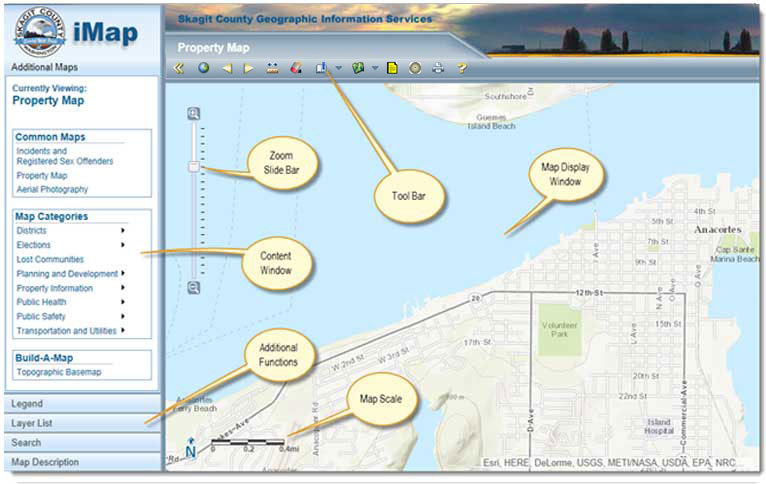 A screenshot of the iMap interface with callouts to the different compontents