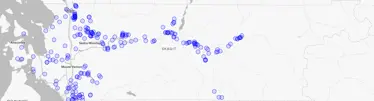 Map of fish passage barriers in Skagit County, shown on rivers and streams with blue circles.