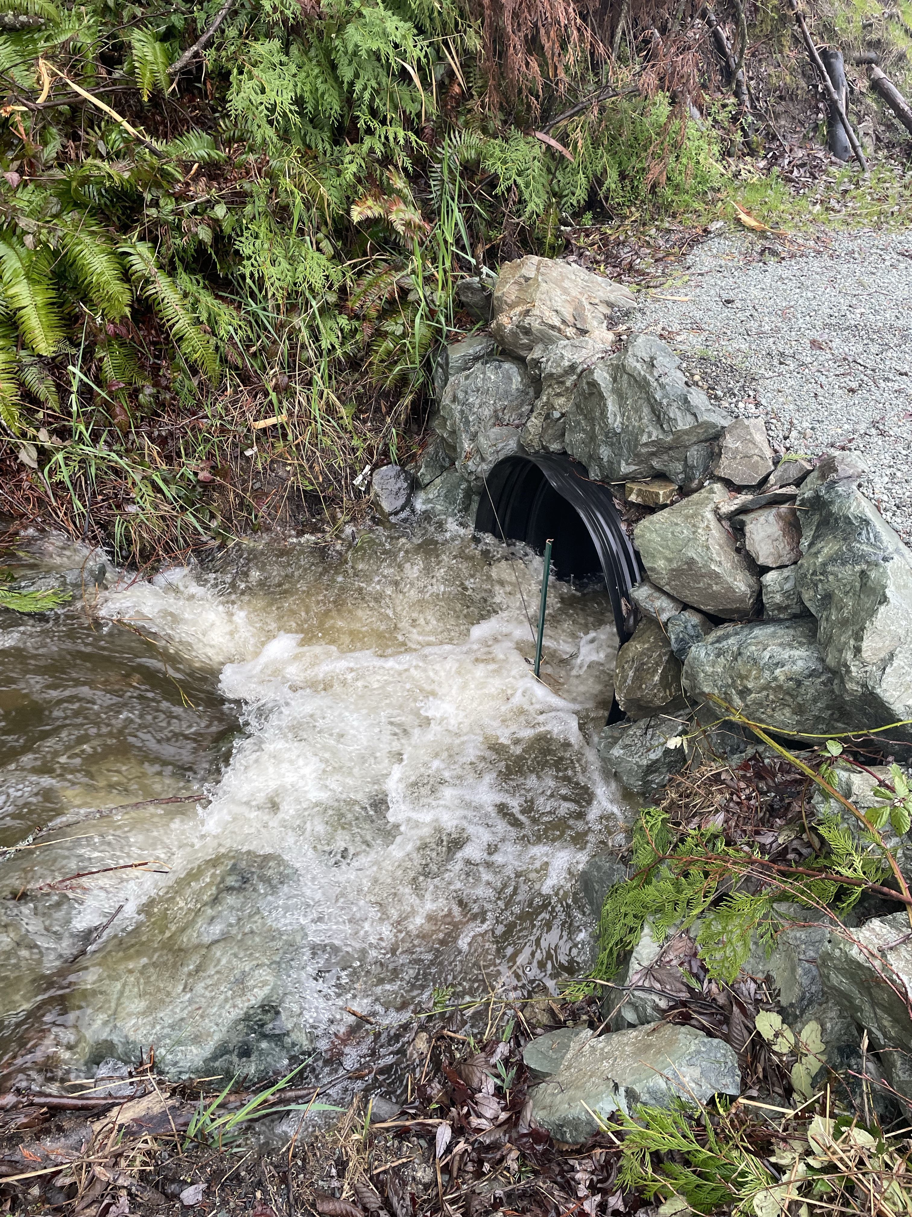 Water rushing into a culvert running under a gravel road.