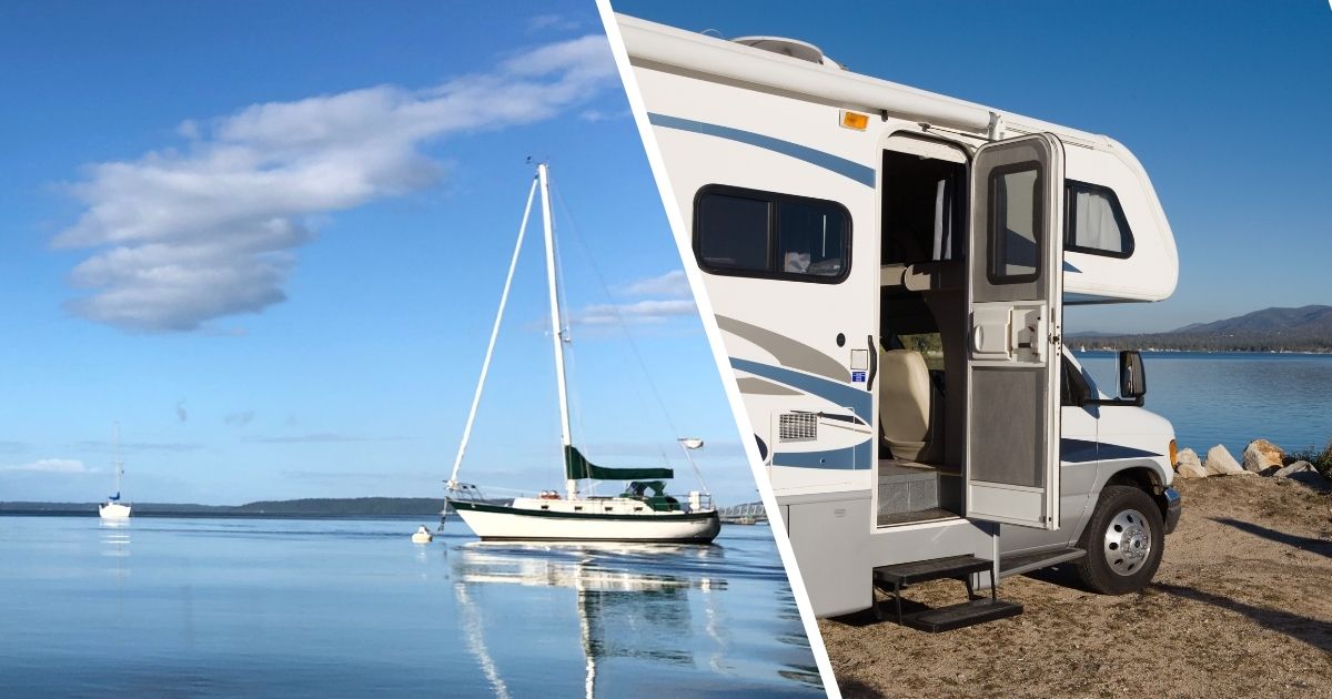A split photo with a sailboat on still waters on the left and an RV next to a waterway on the right