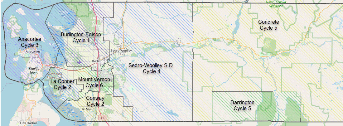 Map of revaluation cycle areas: Burlington-Edison Cycle 1, La Conner and Conway Cycle 2, Anacortes Cycle 3, Sedro-Woolley Cycle 4, Concrete and Darrington Cycle 5, Mount Vernon Cycle 6. Opens a larger map.