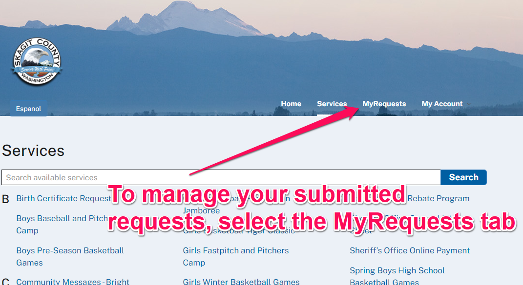 Skagit County MyRequests Pointing to MyRequests