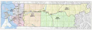 Map showing the five Skagit County Noxious Weed Control Board districts, with District 1 in the northwest, District 2 in the southwest, District 3 in the middle, District 4 in the northeast, and District 5 in the southeast.