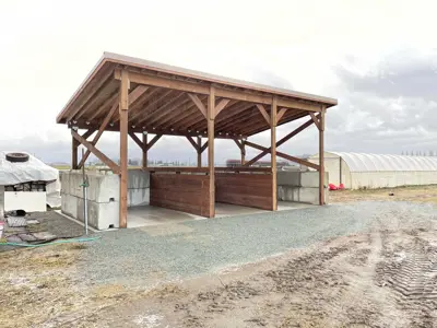 A wood and cement manure storage bin with three compartments, and concrete floor, and a high roof.